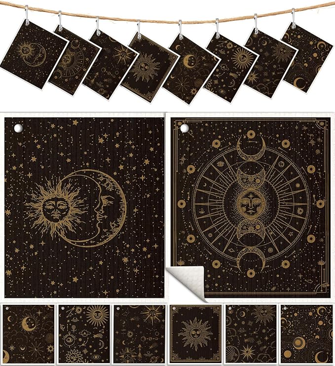 Miss Adola 8 Pack Swedish Kitchen Dishcloths - Absorbent Reusable Dish Towels, Fast Drying, Moon Sun