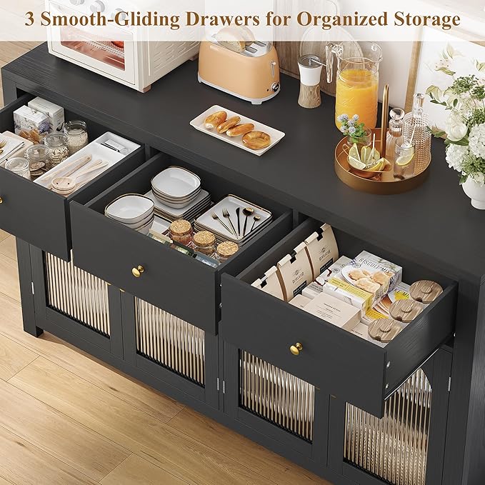 FINETONES Buffet Cabinet with Storage, 55.1" Large Sideboard Buffet Farmhouse Kitchen Cabinet with 3 Drawers and 4 Doors, Wood Coffee Bar for Kitchen, Black