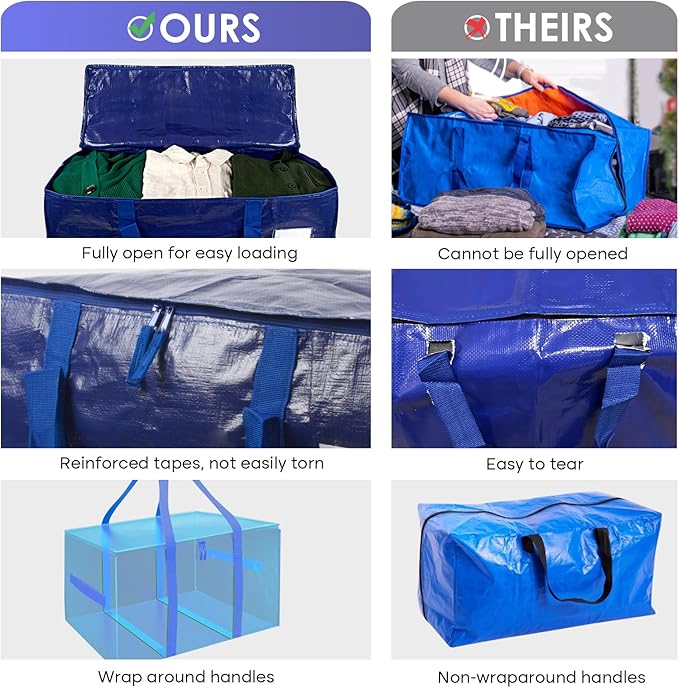 SINLAND 4 Pack Extra Large Heavy Duty Moving Bags with Strong Zippers, Reinforced Handles and Tag Pocket, Packing Totes Supplies for College Dorm Room, Packing Bags for Saving Space (Blue)