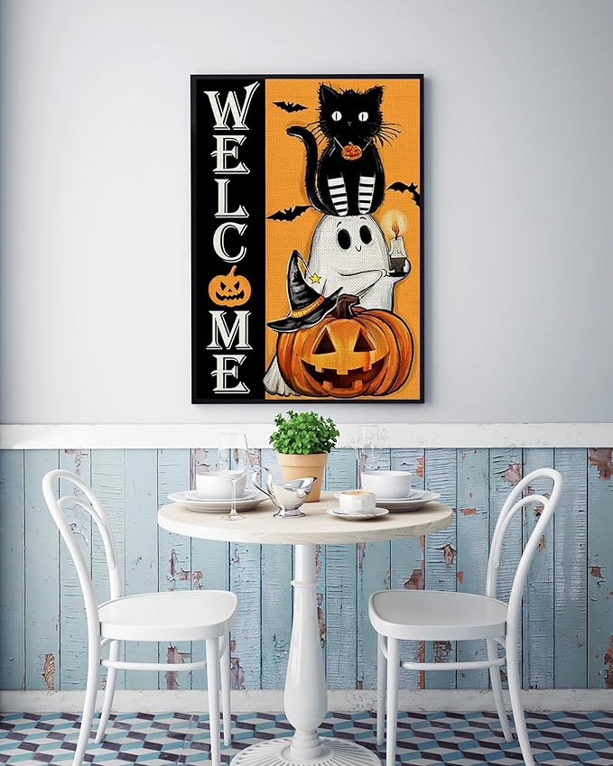 KINPLUB Halloween Diamond Painting Kits for Adults, Cat Ghost Pumpkin 5D Diamond Art Kits for Beginners, DIY Full Round Drill Paint by Diamonds Dots, Home Wall Decor 12 x 16 Inch