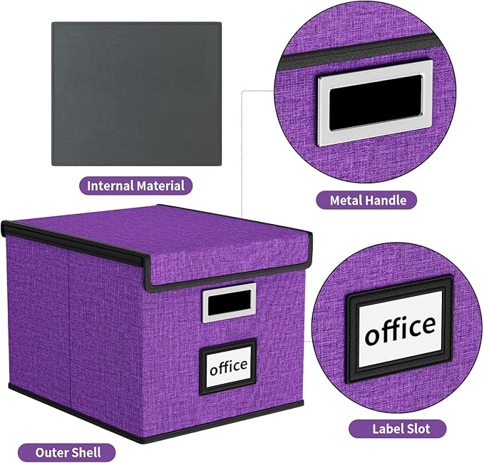 Huolewa File Organizer Box with Lid, Collapsible File Folder Organizer for Office Document Storage, Filing Box with Plastic Slide for Letter Size Hanging File Folders(1 Pack, Purple)