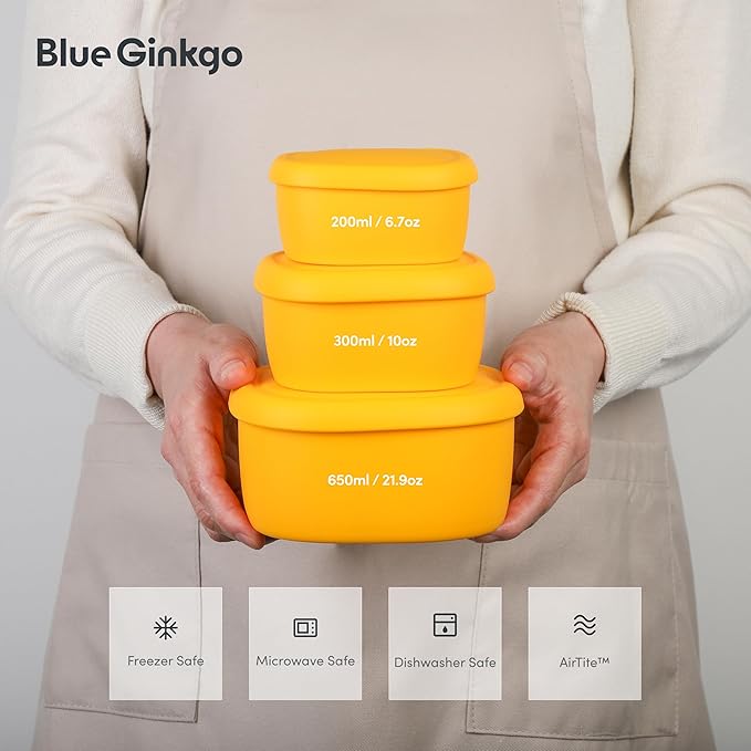 BLUE GINKGO Nesting Silicone Containers - Set of 3 Hard-Shell Silicone Food Storage Containers | BPA Free, Airtight, Dishwasher and Freezer Safe (6.7oz, 10oz, 20oz) - Yellow
