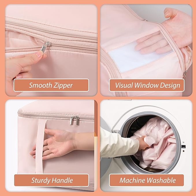 Veki Comforter Storage Bag, Space Saving Self Compression Foldable Blanket Storage Bags, Closet Organizer With Handle and VisualiZation Window, Large Capacity 130L for Bedding, Clothes (Pink, L)