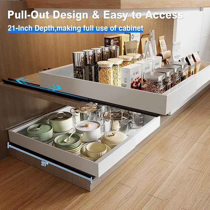 MUSTORN 2 Pack Pull Out Cabinet Organizer Expandable, 21"Deep Slide Out Drawer for Cabinets Adhesive Pull Out Drawers Heavy Duty Pull Out Shelves for Kitchen, Cupboard, Pantry, Bathroom(White)