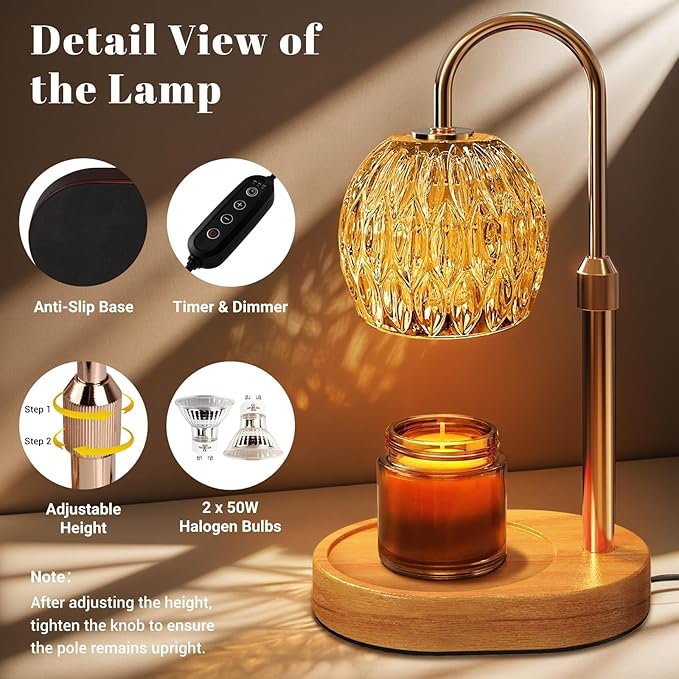 Candle Warmer Lamp with Timer Dimmer,Adjustable Height Wax Melting Lamp for Jar Candles, Aesthetic Vintage Home Decor for New House Warming, Gift for Women Birthday Valentine's Day(Gold)