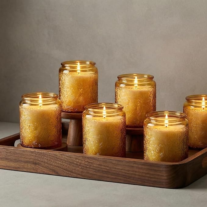 Art Secret 9-Pack 8oz Embossed Glass Candle Jars with Lids and Labels - Sun Moon Stars Design (Orange)