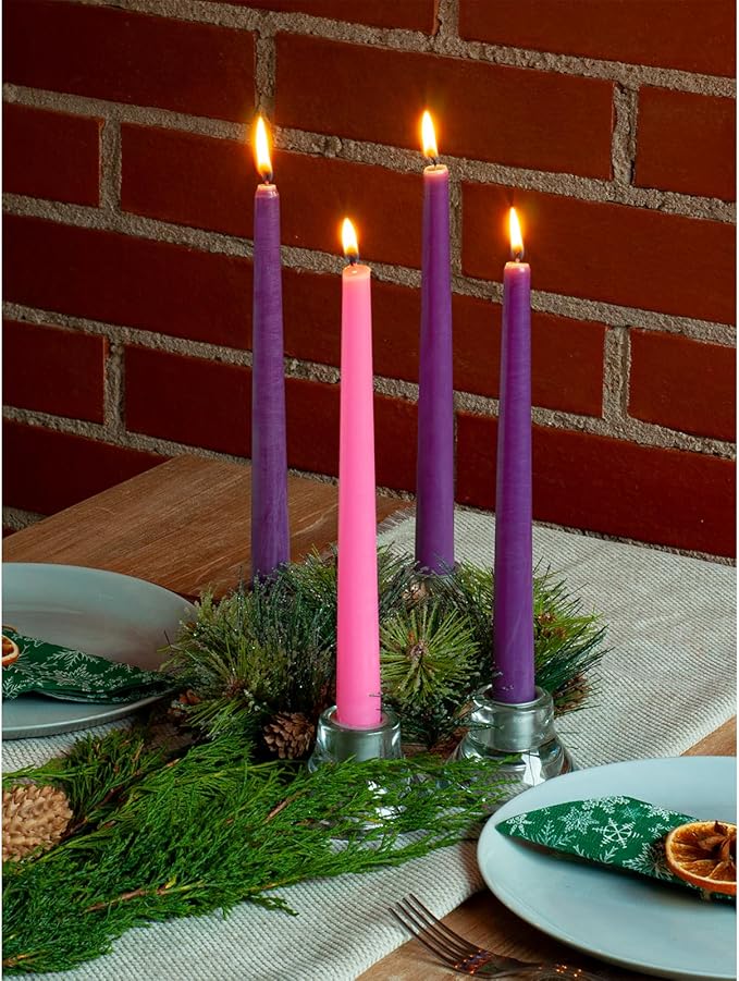 CANDWAX 12 Inch Advent Taper Candles Set of 12 - Long Burning Dripless Unscented Tapers - Perfect for Advent Wreaths, Christmas Décor - 9 Purple Tapers, 3 Pink Tapered Candles