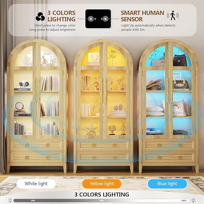 LVSOMT 71" Tall Arched Storage Cabinet with Glass Doors and Drawers, Curio Display Cabinet with Adjustable LED Light & Human Sensor, 4-Tier China Cabinet for Living Room(Wood)