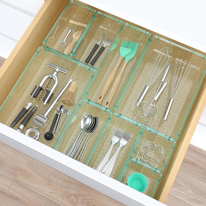 StorMiracle 23 PCS Clear Plastic Drawer Organizers Set, 4 Size Desk Drawer Organizer Trays for Makeup, Jewelry, Kitchen Utensils, Gadgets and Office Accessories, Sea Blue