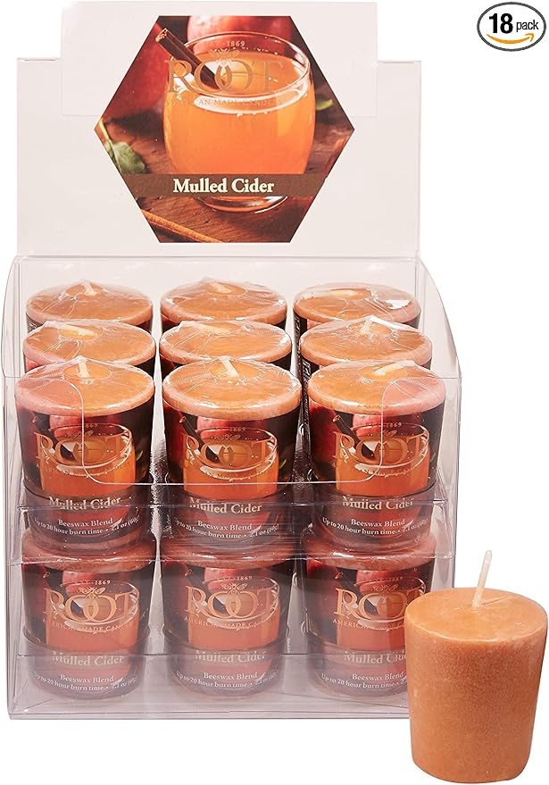 Root Candles Fall Scented Votive Candles Beeswax Blend Premium Handcrafted 20-Hour Votives, 18-Count, Mulled Cider