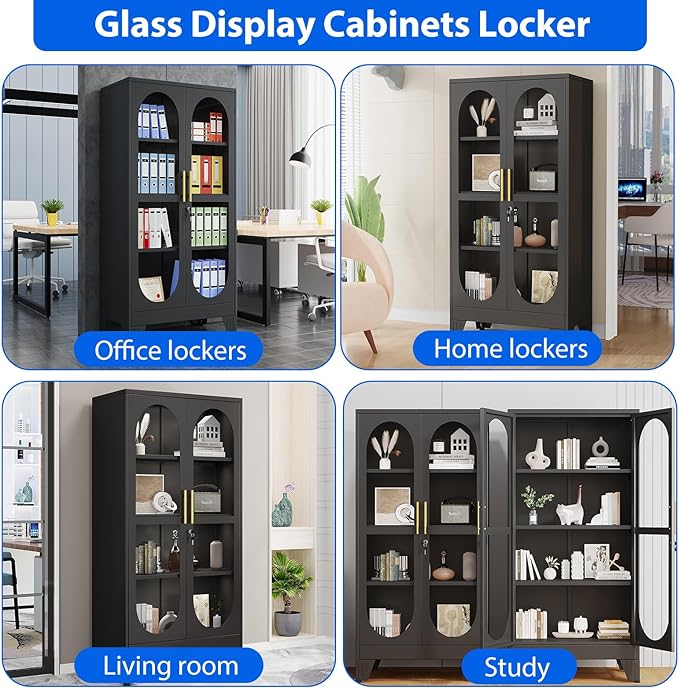 Ckzbx Glass Locker Metal Cabinets 61" H Locking Tool File Cabinets Snack Locker Organizer for School Classroom,Bedroom,Gym Home Office,Entryway and Hallwa (Black)