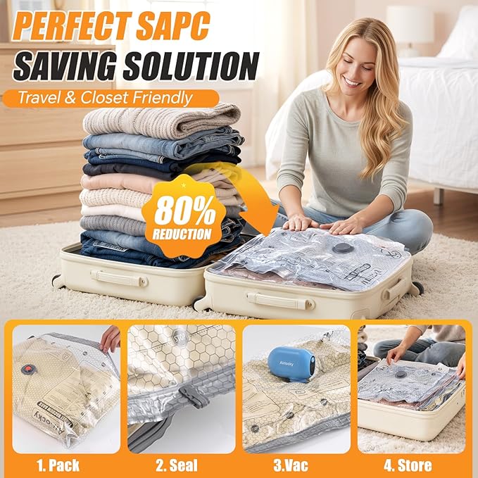 Travel Vacuum Storage Bags with Pump, 12 Pack Carry-on Compression Packing Bags + Portable Electric Pump, 80% Space Saver of Clothes, Vacuum Seal Bags for Clothing Travel Luggage