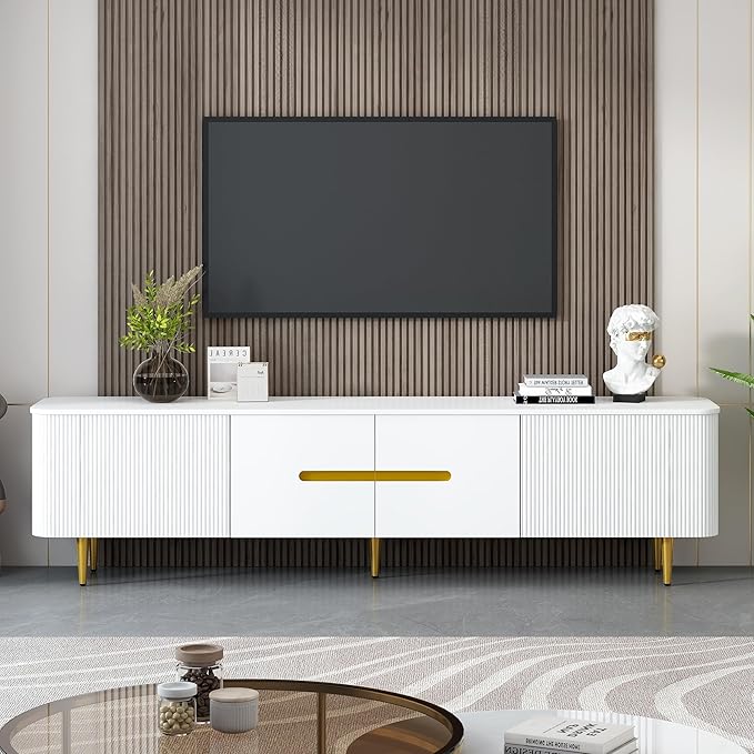 Amposei Modern TV Stand Cabinet for up to 85-Inches TVs, Media Entertainment Center Console Table with Storage for Living Room, Metal Legs, 78.7-Inch, White