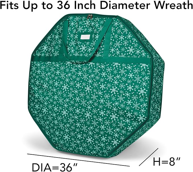 Covermates Keepsakes Deluxe Wreath Storage Bag – Heavy-Duty Polyester with Buckle Strap & Structured Interior – Protective Holiday Organizer with Handles, D-Ring & Label Window, Green Snowflake