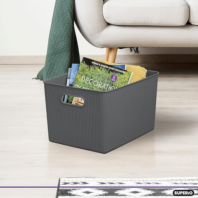 Superio Ribbed Collection - Decorative Plastic Basket Open Home Storage Bins Organizer, X-Large Grey (4 Pack) Container Boxes for Organizing Closet Storage Bins for Shelves 22 Liter/23 Quart
