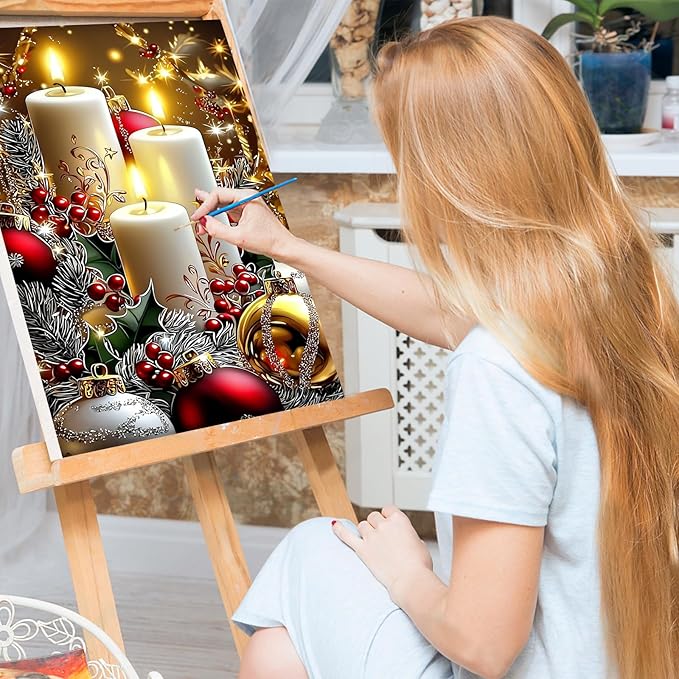 Bowetile Christmas Paint by Numbers for Adults Beginners Framed, Candles Adults' Paint-by-Number Kits, Adult Paint by Number Kits on Canvas, Acrylic Number Painting for Home Decor, 8x12in