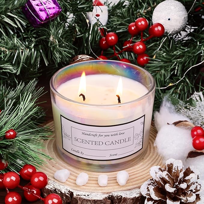 CONNOO 8 Pack 12 oz Iridescent Glass Wide Mouth Candle Jars for Making Candles with Airtight Bamboo Lids, Nice Sticky Warning Labels for Candle Making, Empty Container Bulk - Dishwasher Safe