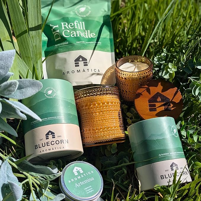 Bluecorn Aromática Artemisa Scented Candle Refill Kit – Green Sage, Eucalyptus & Bergamot | Clean-Burning Coconut Wax | Non-Toxic Fragrance | 100% Compostable Pouch | DIY Candle Refill | Made in USA