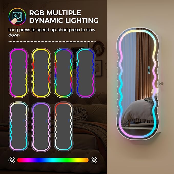 Lvifur RGB Lighted Mirror Jewelry Cabinet,LED Wavy Wide Mirror with Storage, Wall or Door Mounted Jewelry Organizer with Interior Mirror,Lockable Jewelry armoire,Gift Ideal
