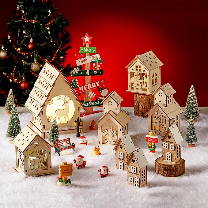 29pcs Christmas Village Sets Lighted DIY Wooden Christmas Village Houses for Crafts Accessories Wood House to Paint with Xmas Miniatures Trees Winter Snow Xmas Display Ornaments Craft Gift