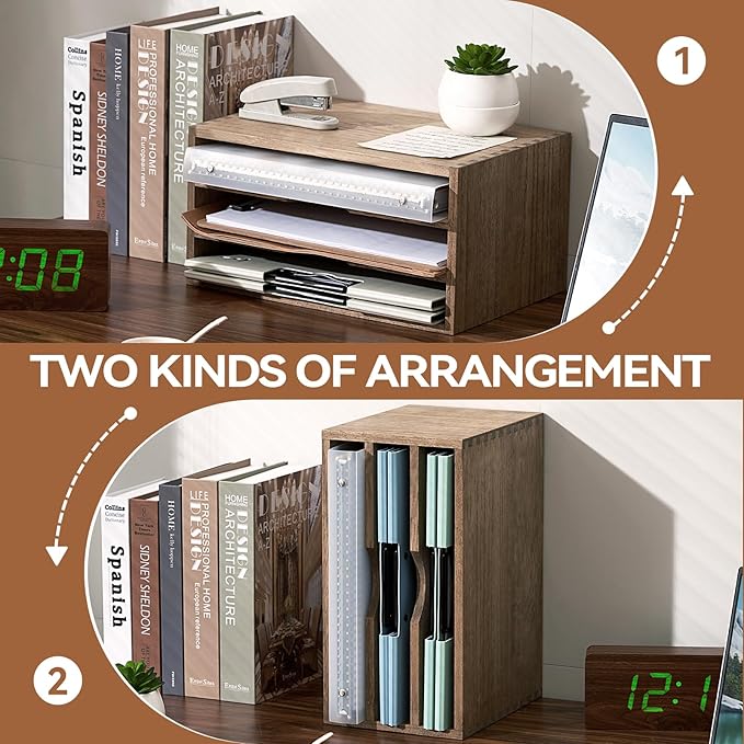 KIRIGEN Wooden Desktop Organizer Paper Storage Letter Tray File Sorter with 3 Layer Trays - Desk Rack Magazine File Dividers Holders for Home Office Accessories Dark Brown (3KWJG-DBR)