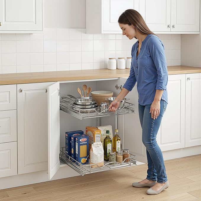 2-Tier Pull-Out Cabinet Organizer with Heavy-Duty Steel Frame, Full-Extension Sliding Shelves, Holds 100 lbs, Easy Install for Kitchen, Pantry & Under Sink Cabinets, 14" W x 21”D x 16.5" H