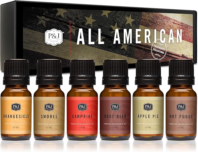 P&J Trading Fragrance Oil All-American Set | Apple Pie, Hot Fudge, Campfire, Root Beer, Orangesicle, and Smores Candle Scents for Candle Making, Freshie Scent, Soap Making, Diffuser Oil Scents