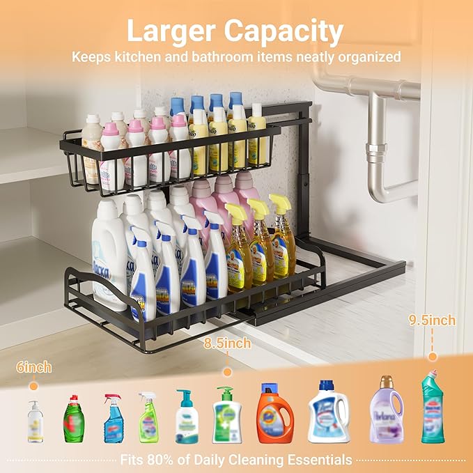 AceMining Under Sink Organizer 2 Pack, L-Shaped 2 Tier Pull Out Cabinet Organizer with Sliding Drawer, 5-Level Height Adjustable Metal Under Sink Storage for Kitchen, Bathroom Organization