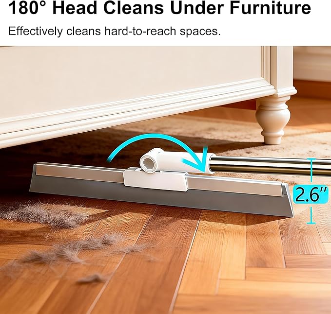 3-in-1 Floor Squeegee with 51″-58″ Telescoping Handle & 180° Rotating Head for Tile, Hardwood & Under-Furniture Cleaning, Air Broom for Water & Pet Hair Removal
