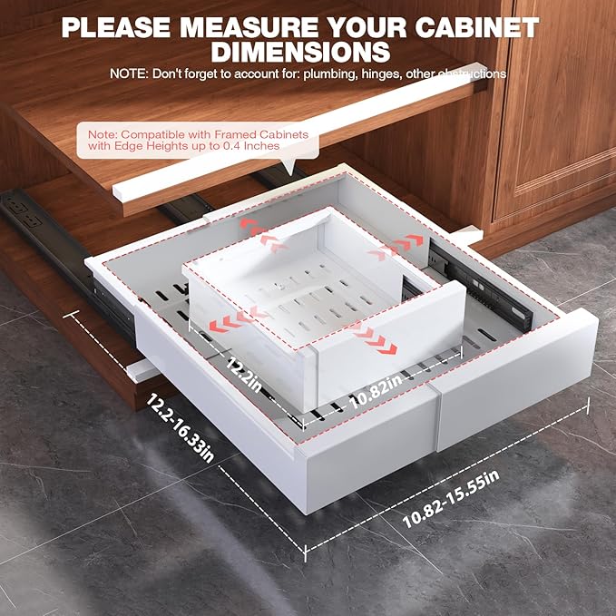 2 Pack Pull Out Cabinet Organizer Expandable Width(11"-16") and Depth(13"-17"),Slide Out Drawers With Raising Pad for Framed Cabinets,No Drill Roll Out Shelves for kitchen,Bathroom,White