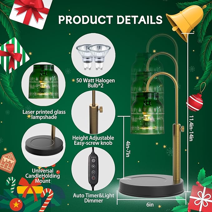 AIKUT Christmas Candle Warmer Lamp, with 2 Bulbs,Timer & Dimmer,Compatible with Large Yankee Candle Jars,3 Wick Candles,Height Adjustable Electric Top Candle Melter,Green,110-120v,Mother's Day Gifts