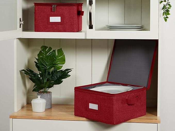 Covermates Dish Storage Box – China & Dinner Plate Storage Container with Dual Zippers, Reinforced Handles, ID Window & Stackable Structured Walls for Dishware Organization, Red Heather