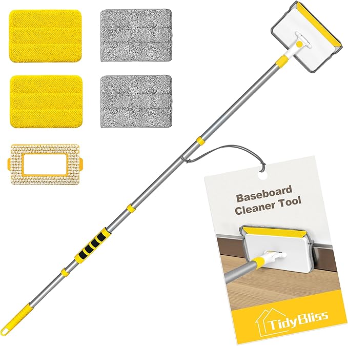 Baseboard Cleaner Tool with Handle, 55.9” Long Wall and Base Board Cleaning Mop, 4 Reusable Pads, 1 Stiff Bristle Scrubber Brush for Floorboard Ceiling Cabinet Window Bathroom (Yellow)