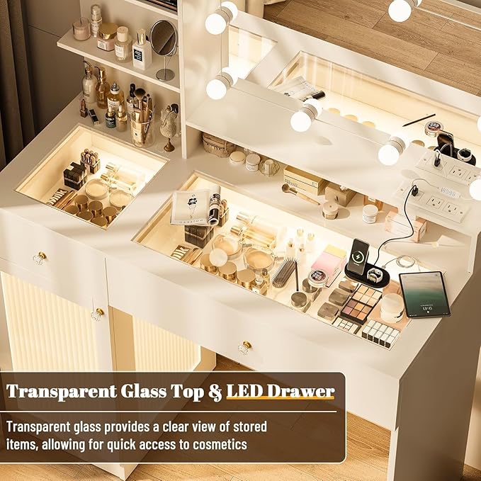 Vanity Desk with Mirror and Lights, Modern Glass Top Makeup Vanity Set with Power Outlet, Drawers and Cabinet, 3 Lighting Color Adjustable Dressing Table for Bedroom