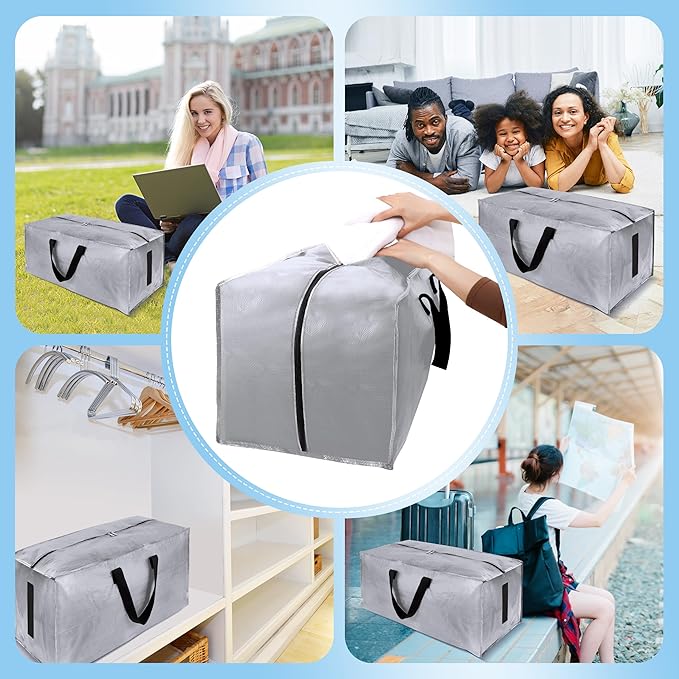 HOMESURE 8 Pack Large Strong Bags with Zippers & Carrying Handles - Water-Resistant - Heavy Duty Storage Tote for Space Saving Storage, Fold Flat, Alternative to Moving Box (Silver)