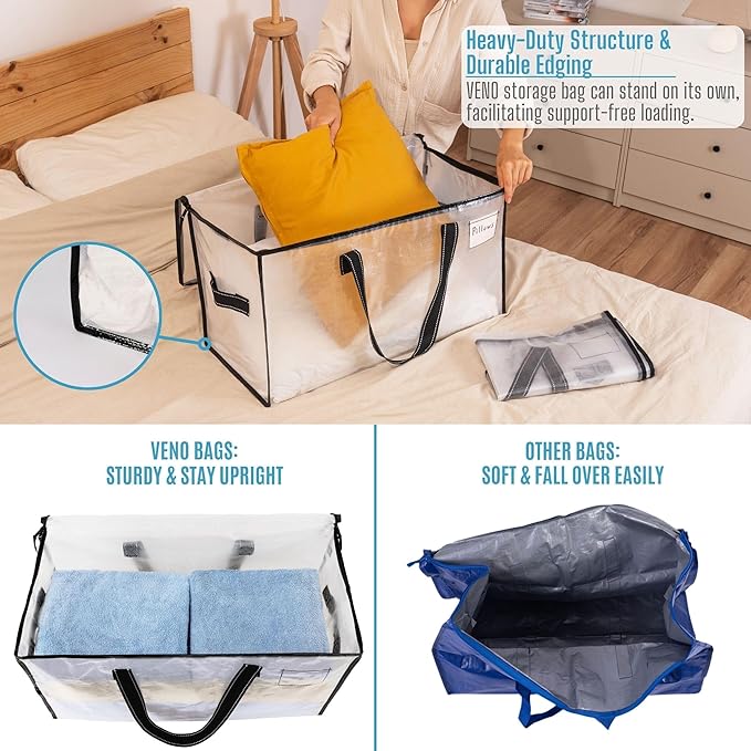 VENO 10 Pack Heavy Duty Moving Bags, Clear Storage Bags for Clothes and Comforters, College Dorm Essentials Packing Supplies, Foldable Boxes Alternative (Clear, 10 Pack)