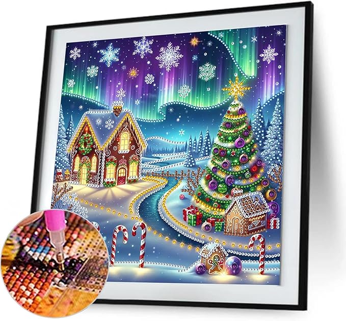 5D Aurora Xmas House Special Shape Diamond Art Kits for Beginners, Christmas Winter Theme Diamonds Painting Kits for Adults,DIY Crystal Rhinestones Diamond Paintings for Home Wall Decor 12×12Inch