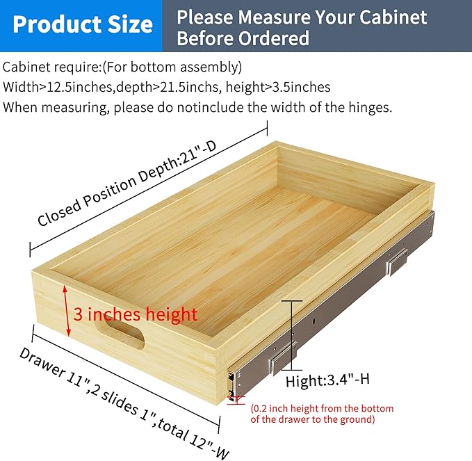 2 Set Pull Out Cabinet Organizer, Soft Close Slide Out Wood Drawer Storage Shelves for Kitchen, Base Cabinet Organization for Pantry, Finished, Heavy-Duty, Bottom Assembly (12” W x 21” D)