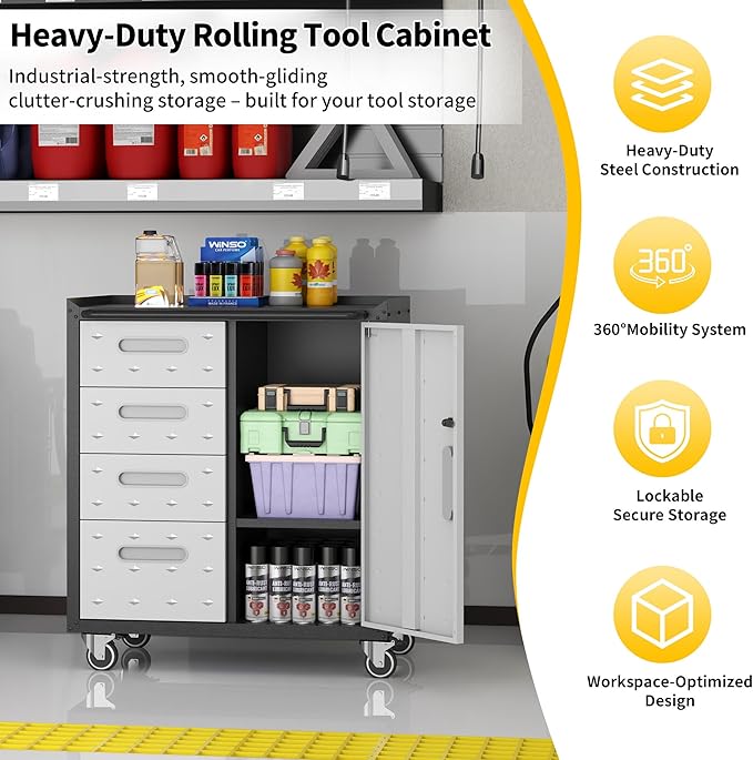 Garage Storage Cabinets with Wheels, Locking Metal Storage Cabinets with 4 Drawers and 1 Doors, Easy Assembly Rolling Tool Cabinet for Garage, Basement,Warehouse