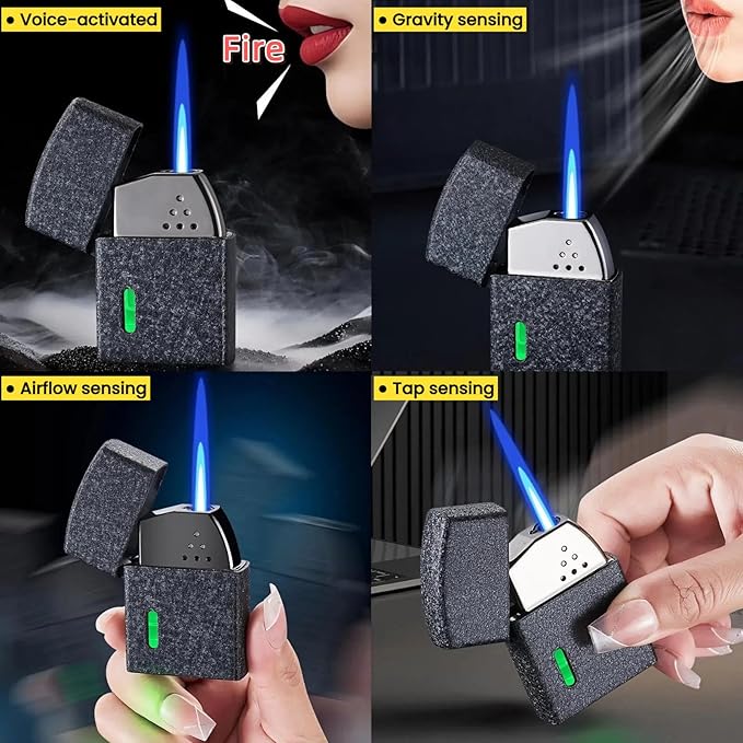 Smart Butane Torch Lighter with 4 Ignition Methods, Voice Activated Windproof Lighter, Straight Jet Blue Flame Refillable Lighters for Candles, Camping (Fuel Not Included) (Silver)