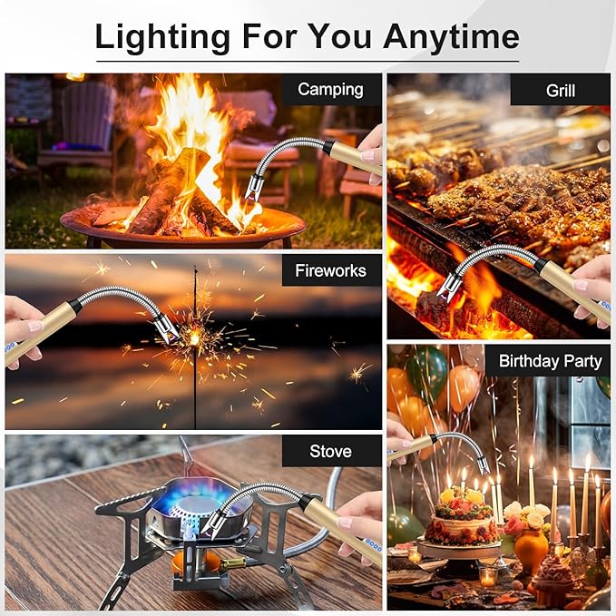 LcFun 3 Pack Candle Lighter Windproof Electric Plasma Lighter with LED Battery Display, USB Rechargeable Flameless Long Arc Lighters for Grill BBQ Camping Fireplace Stove(Black,Pink,Gold)
