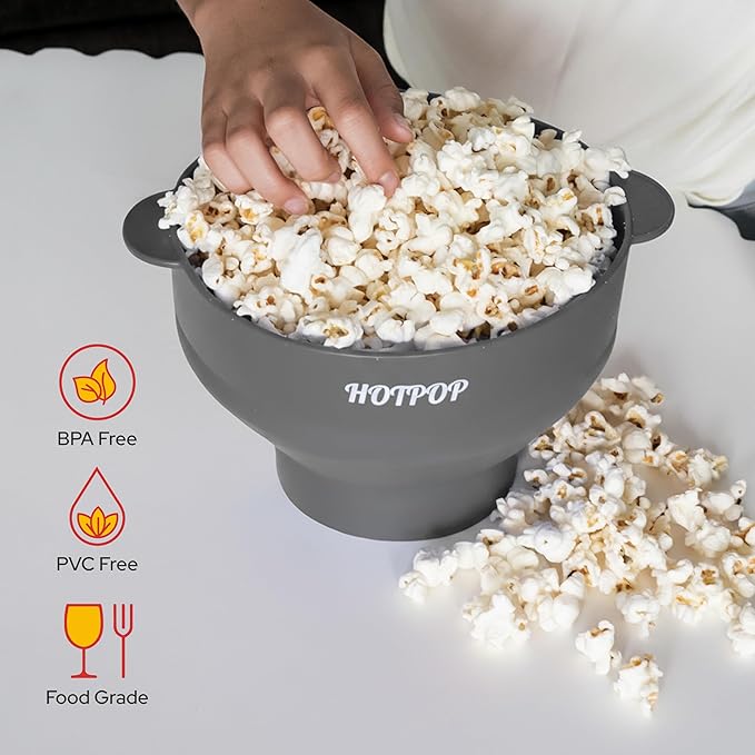 The Original Hotpop Microwave Popcorn Popper, Silicone Popcorn Maker, Collapsible Bowl BPA-Free and Dishwasher Safe- 20 Colors Available (Gray)
