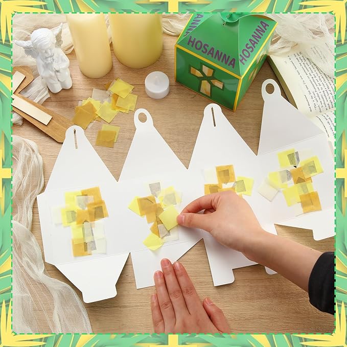 Simgoing 12 Sets Palm Sunday Crafts with LED Candles Easter Religious Palm Leaf Cross Tissue Paper Lanterns Craft Kits Sunday School Religious Holy Week Hanging for Easter Party Activities