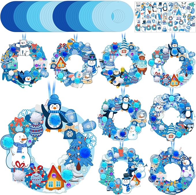 Hollowfly 48 Sets Winter Wreath Craft Kits DIY Snowflake Wreath Ornaments Decorations Make Your Own Snowman Stickers Craft for Home Winter Party Favors Activities