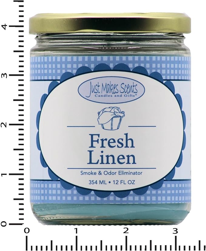 Fresh Linen Scented Smoke and Odor Eliminator Candle - Clean Fresh Scent - Blended Soy Wax by Just Makes Scents (12 oz)