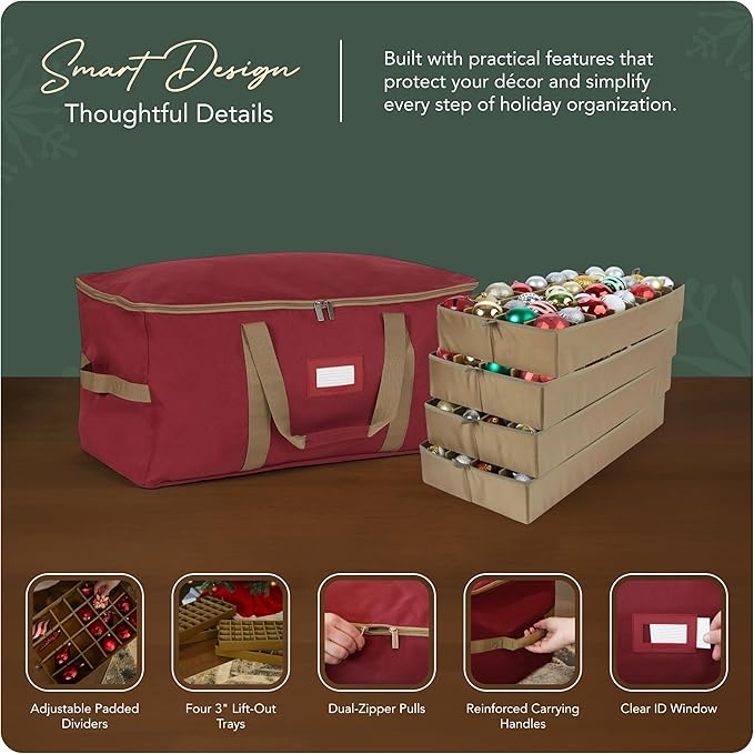 Covermates Keepsakes Adjustable Ornament Storage Bag – Heavy-Duty Polyester, Padded Dividers & FlexGrid Trays – Protective Holiday Ornament Organizer with Handles & Label Window, Red