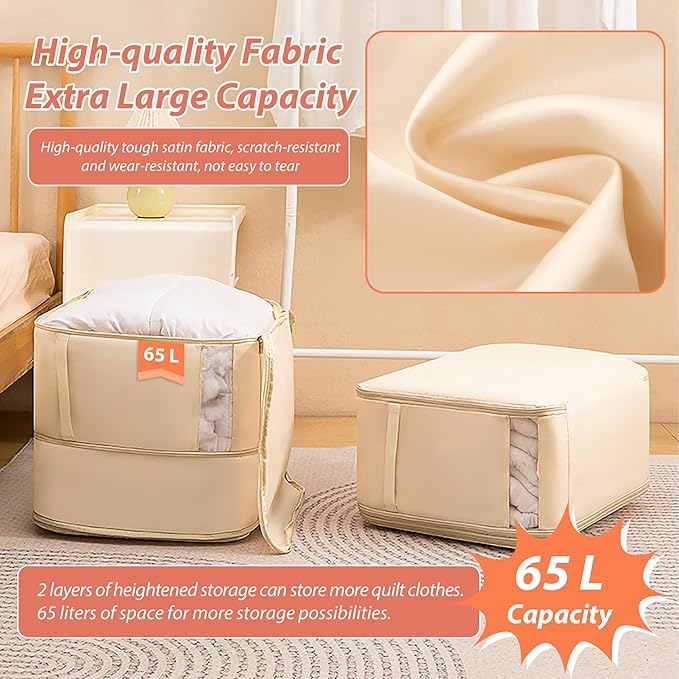 Veki Comforter Storage Bag, Space Saving Self Compression Foldable Blanket Storage Bags, Closet Organizer With Handle and VisualiZation Window, Large capacity 130L for Bedding, Clothes (Apricot L)