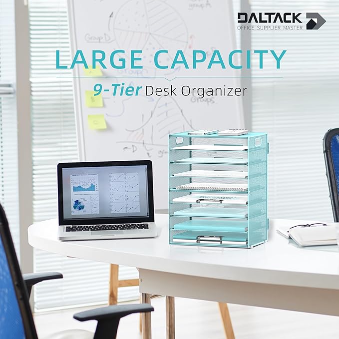 DALTACK 9-Tier Paper Letter Tray Desk Organizer with Handles, Mesh File Holder Organization, Paper Sorter Desk Organizer for Office Home School, Blue 2 Pack