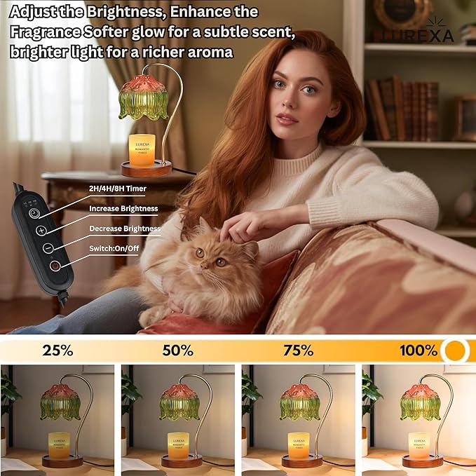 Candle Warmer Lamp with Timer, Dimmable Wax Melt Lamp for Large & Standard Jar Candles, Includes 2 GU10 Bulbs, Elegant Vintage Home Decor Gift for Women & Mom(A1-Pink Green Lotus)