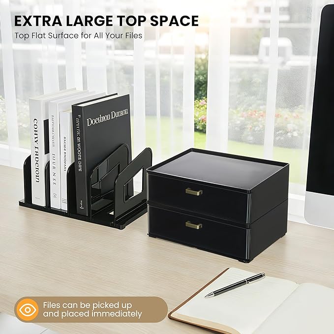LALOBLUE Black Acrylic Desk Organizer with Drawer & File Holder, Stackable Modular Storage System, Multi-Layer Desktop Organizer, Space Saving Office Desk Organizer for Home & Work